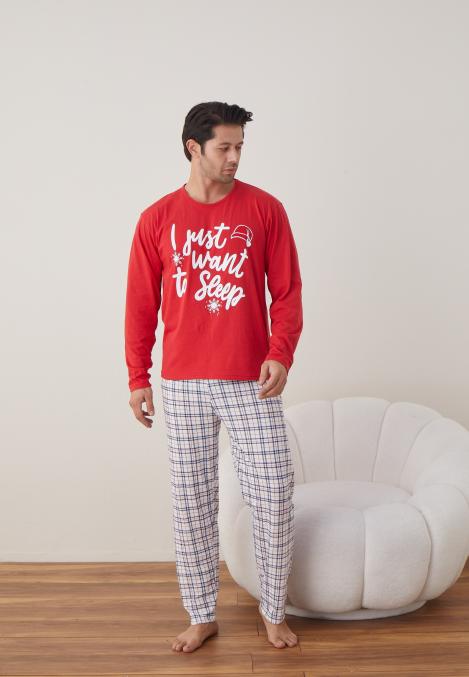 Pijama barbati Craciun , maneca lunga ,pantaloni lungi,Culoare Rosu ,Engros